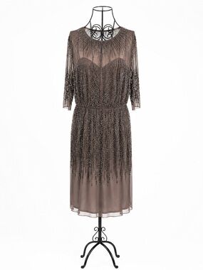Adrianna Papell Beaded Cocktail Dress Taupe/Gray Mesh Sequin Evening Dress